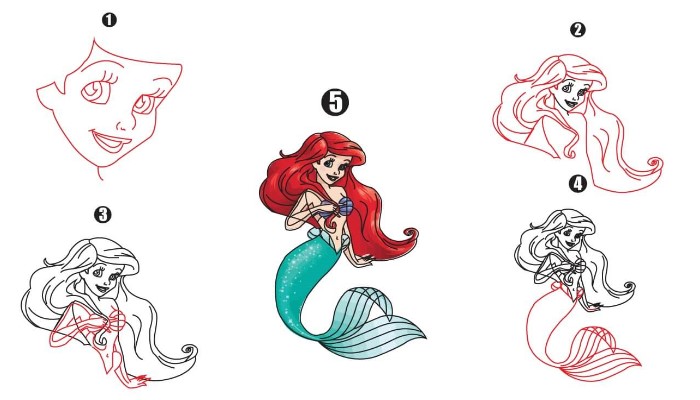 how to draw ariel step by step for kids