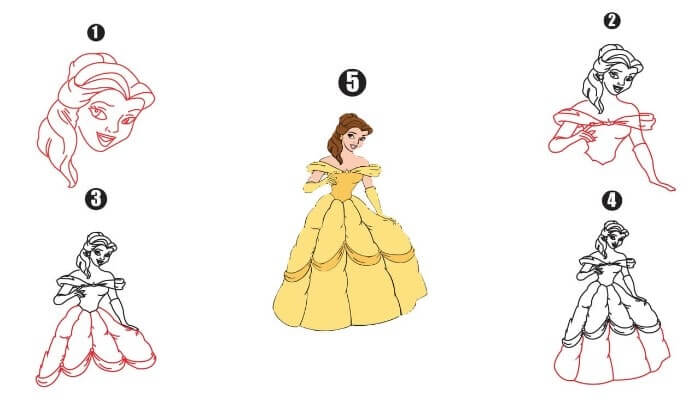 Princess Belle Drawing Step By Step