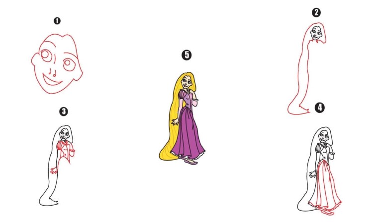 Princess Rapunzel Drawing Step By step