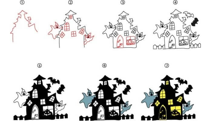 Haunted House Drawing step by step